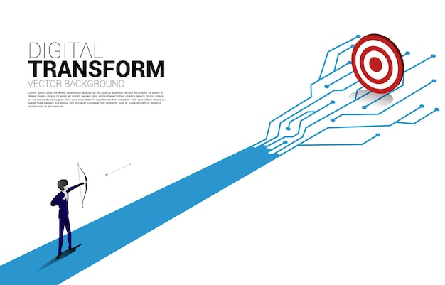 Vector zakenman in pak schiet de pijl om onderweg te richten met stip connect line circuit concept van digitale transformatie van het bedrijfsleven