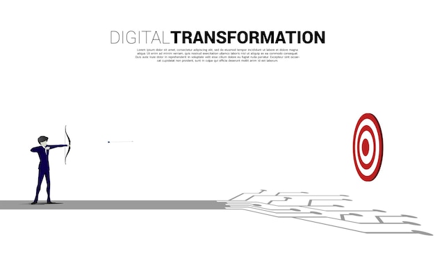 Zakenman in pak schiet de pijl om onderweg te richten met stip connect line circuit concept van digitale transformatie van het bedrijfsleven