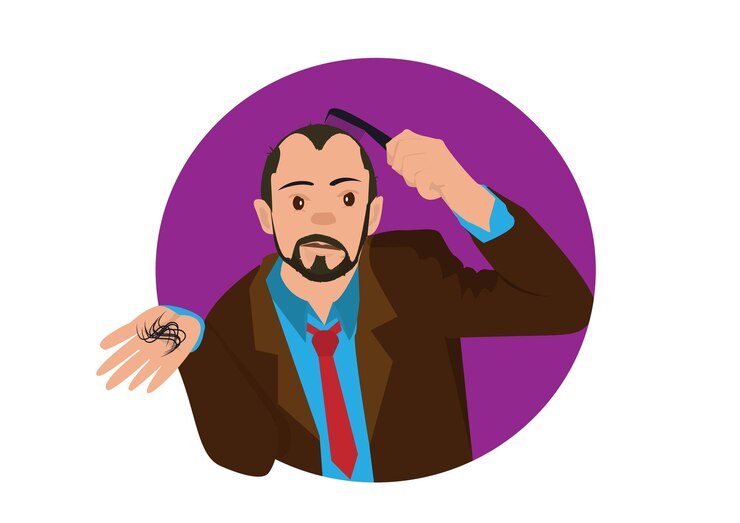 Vector zakenman kamt zijn haar en veel haar valt dus ik maak me zorgen over haaruitval vlakke stijl cartoon illustratie vector