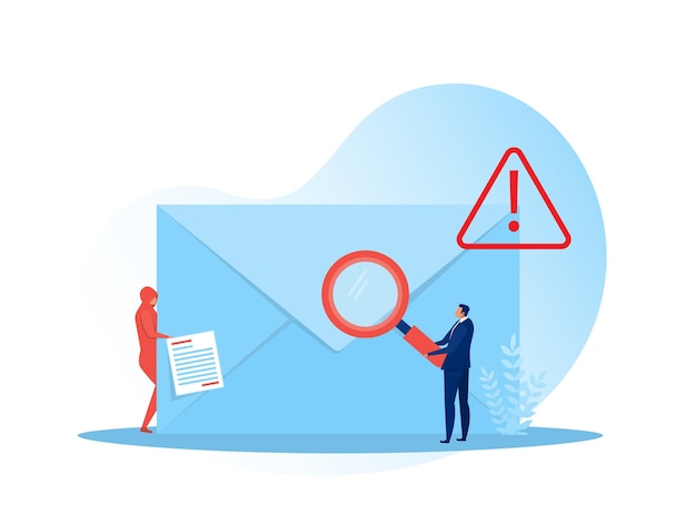Zakenman karakter bedrijf vergrootglas van envelop met waarschuwing en waarschuwing. Spam e-mail