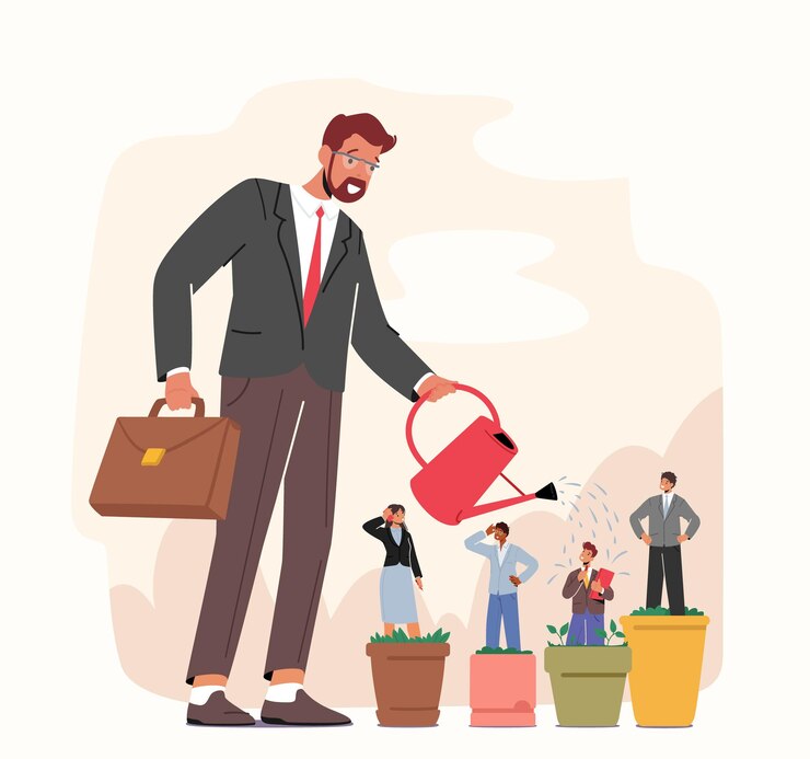 Zakenman karakter drenken getalenteerde managers personeel in bloempotten Hr talentontwikkeling loopbaangroei training