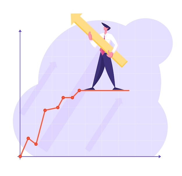 Vector zakenman karakter met enorme pijl in handen staan bovenop de groeiende zakelijke grafiek