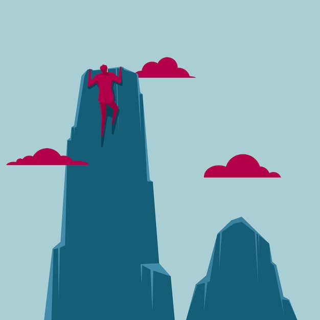 Vector zakenman klimt de berg op. geïsoleerd op blauwe achtergrond.