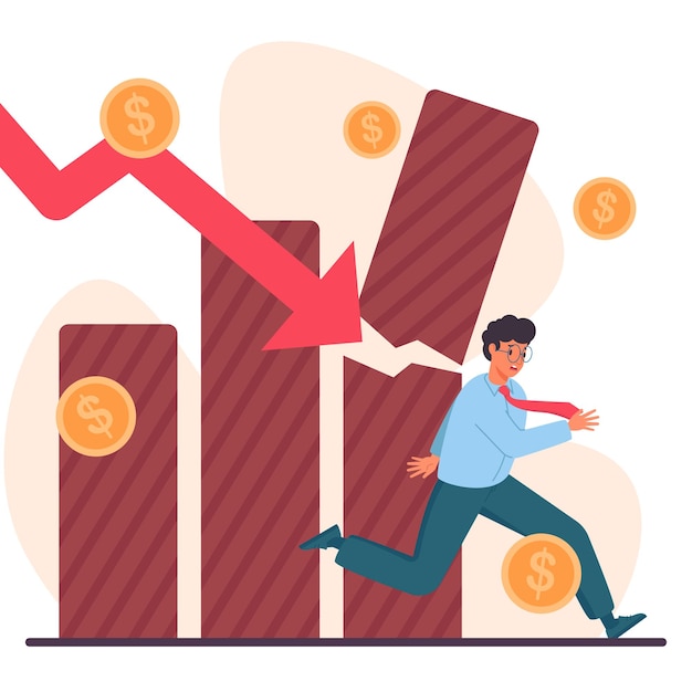 Vector zakenman loopt van dalende marktgrafiek financiële crisis economische recessie