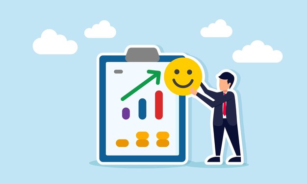 Zakenman met een gelukkige emoticon naast een documentbord met een stijgende grafiek illustratie van het toenemende percentage prestaties van de marktopmerking