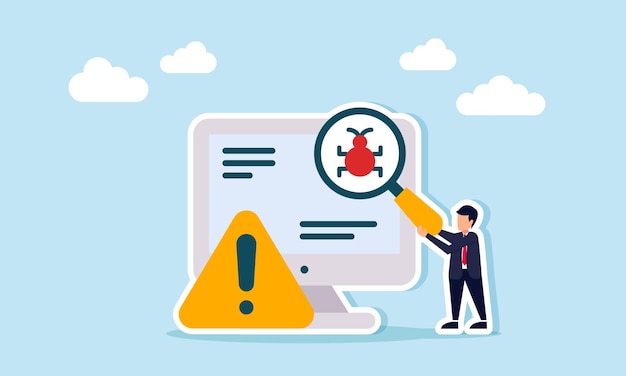 zakenman met een vergrootglas die een virus observeert naast een monitor met een uitroepteken of waarschuwingsteken illustratie van voorzichtigheid en filter tegen computerbedreigingen