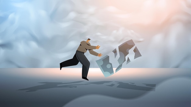 zakenman met gebroken papier bankbiljet financiële crisis faillissement concept horizontale volledige lengte vectorillustratie