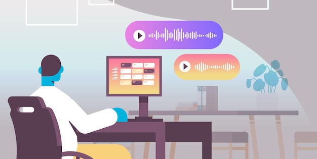 zakenman op de werkplek communiceren in instant messengers door spraakberichten audio chat applicatie sociale media online communicatie concept horizontale vectorillustratie