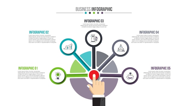 Zakenman op een knop te drukken op een virtuele achtergrond Circle line infographic