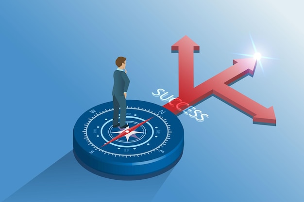 Zakenman op navigatiekompas die de weg naar succes toont bedrijfsvisie en managementstrategie voor bedrijfsrichting en oplossingsprestaties