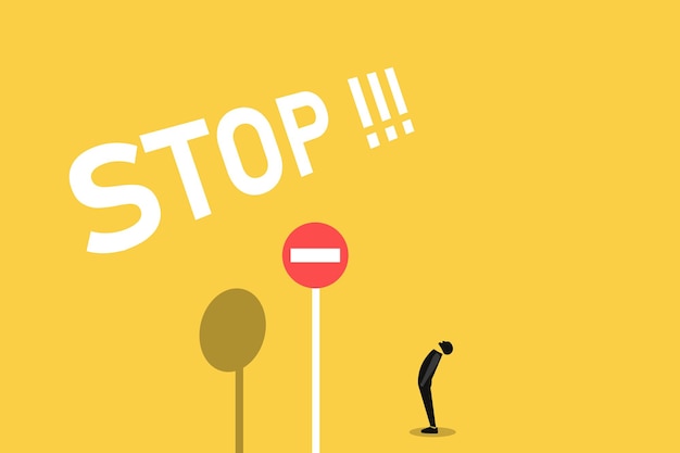 Zakenman op zoek naar stopbord bedrijfsconcept in het zeggen van geen stop of meningsverschil