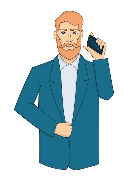 Zakenman praten via de telefoon Man met rood haar en baard Communautaire zaken zakelijke bijeenkomst afspraak oplossen problemen communicatie chatgesprek Vector illustratie op witte backround