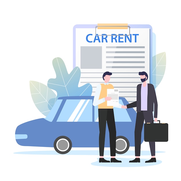 Vector zakenman rent car contract dealer vector illustration. verhuur service reizen