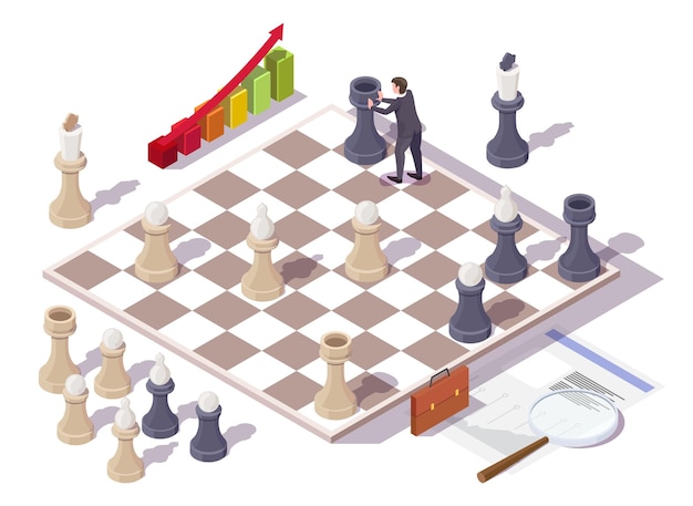 Vector zakenman spelen schaakbordspel vector isometrische illustratie bedrijfsstrategie concept