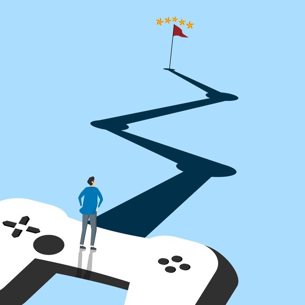 zakenman staande op joystick klimmen kijkend naar reis om doel te bereiken. zaken of marketing