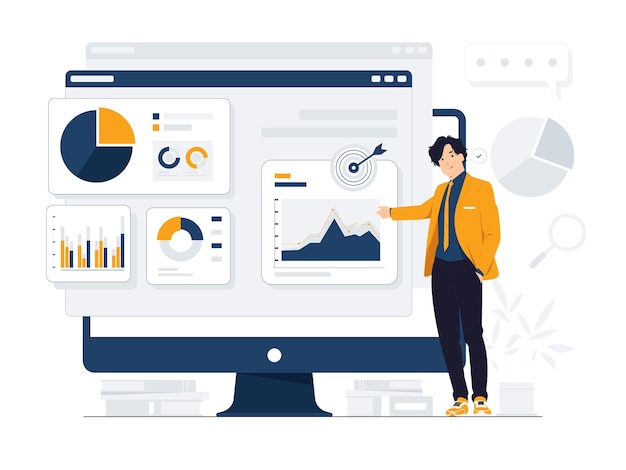 Zakenman wijzende vinger naar grafiek om groei te analyseren Sitestatistieken Gegevens informeren Statistieken die financiële rapporten en investeringen conceptillustratie controleren