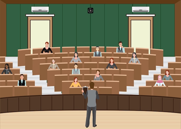 Vector zakenmanconferentie of presentatie bij publieksconferentiezaal