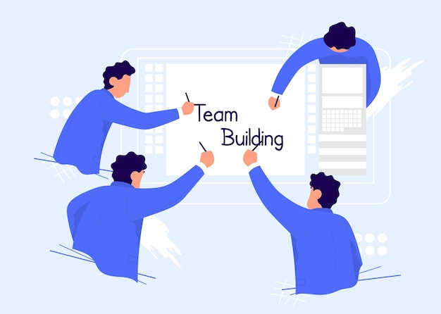 Zakenmannen schrijven samen teambuilding concept voor zakelijke oplossing in partnerschap