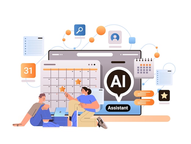 zakenmensen die computerapp gebruiken met persoonlijke ai kalenderassistent online service taakbeheer kunstmatige intelligentie ondersteuning horizontale kopie ruimte vectorillustratie