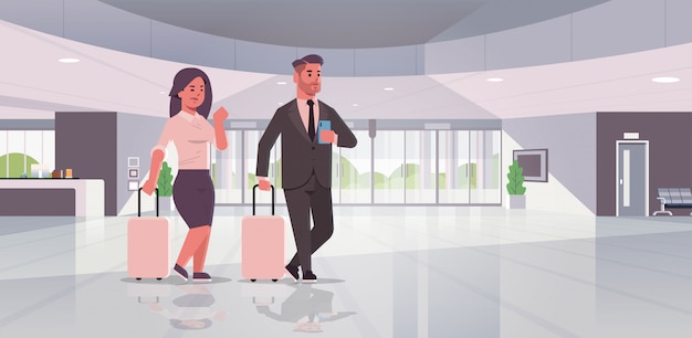 zakenmensen met bagage paar staande bij de receptie zaken man vrouw met koffer hedendaagse lobby hotel hal interieur