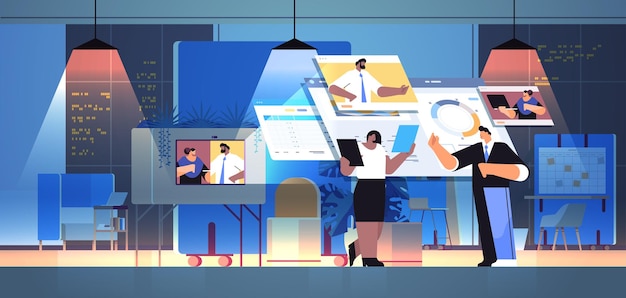 zakenmensen team analyseren financiële statistische gegevens met collega's in webbrowservensters tijdens videogesprek online communicatie teamwerk concept donkere nacht kantoor interieur horizontaal volledige lengte