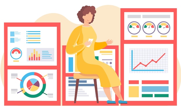 Zakenvrouw analyseert grafieken en diagrammen op de achtergrond De marketeer bestudeert informatie