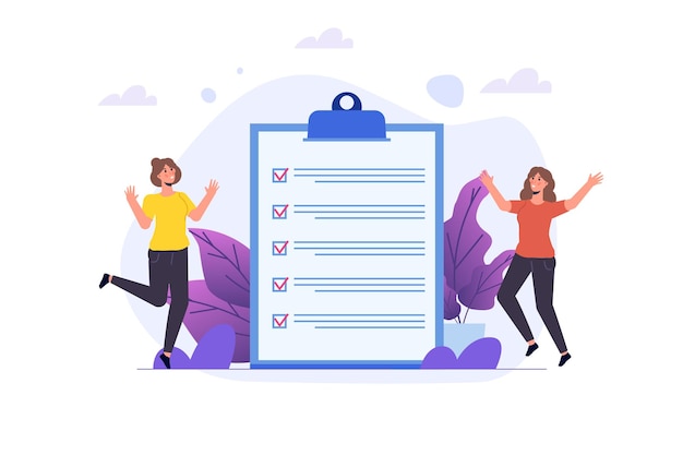 Zakenvrouw checklist concept. zakelijk taaksucces controleren. vector illustratie