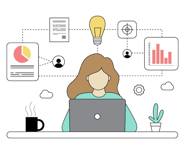Zakenvrouw die aan een laptop werkt met creatieve ideeën en gegevensanalyse