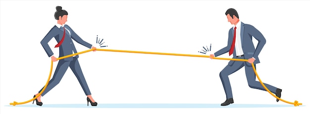Zakenvrouw en zakenman touwtrekken man en vrouw touwtrekken en kijken naar elkaar business target rivaliteit concurrentie conflict prestatie doel succes platte vectorillustratie