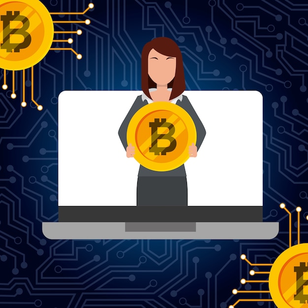 zakenvrouw in laptop bezit bitcoin