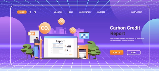 zakenvrouw koolstofkredietrapport maken op laptopscherm verantwoordelijkheid van co2-emissie milieustrategie horizontale kopie ruimte vectorillustratie