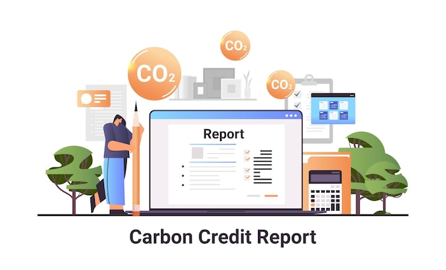 zakenvrouw koolstofkredietrapport maken op laptopscherm verantwoordelijkheid van co2-emissie milieustrategie horizontale vectorillustratie