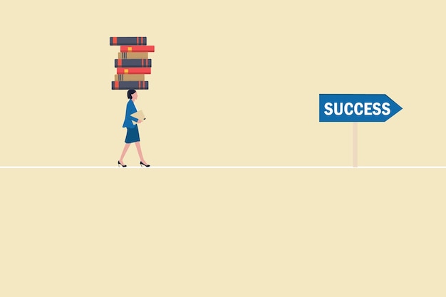 Vector zakenvrouw lopen met boeken op het hoofd concept van succes onderwijsniveau en ontwikkeling van vaardigheden