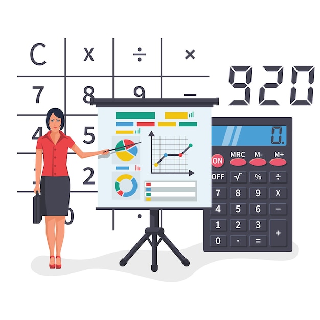 Zakenvrouw maakt financieel verslag concept Analyse van onderzoeksgegevens