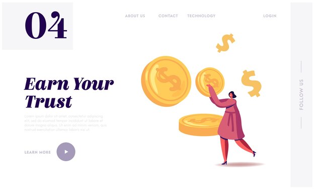Zakenvrouw maken besparing, financiële winst bestemmingspagina sjabloon.