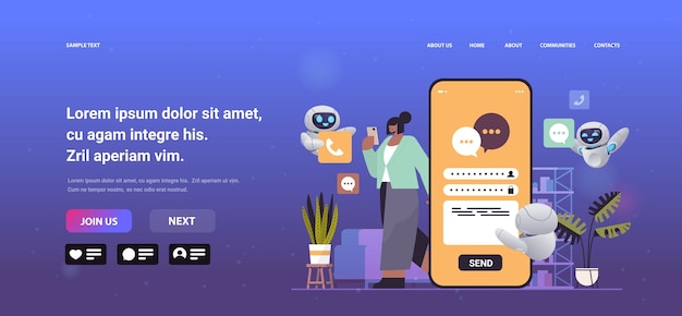 Zakenvrouw met chatbots bericht aan het typen op smartphone in mobiele app online communicatie sociale media netwerk