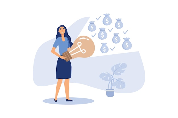 Zakenvrouw met krachtige gloeilamp gloed naar geld, platte vectorillustratie