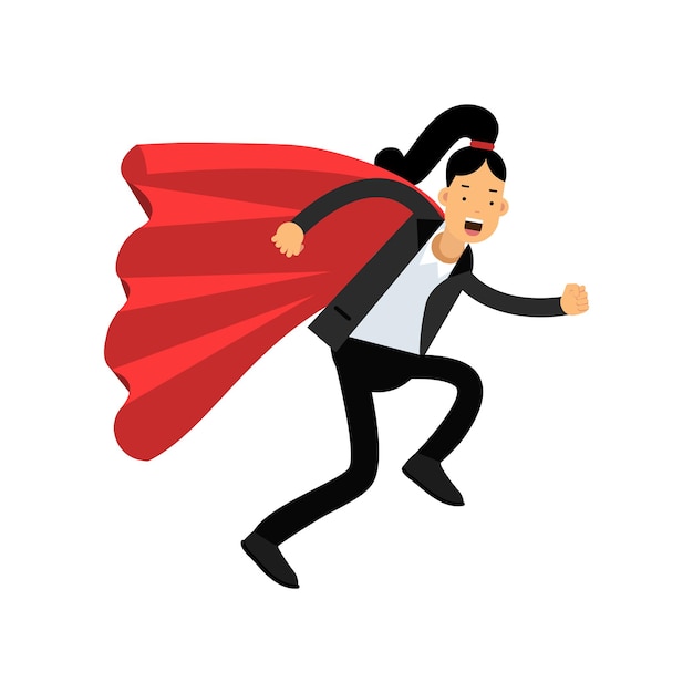 Zakenvrouw met rode superheld mantel loopt vooruit naar bestemming doelbewuste vrouwelijke karakter dragen klassieke broek pak kantoor werknemer concept cartoon platte vector ontwerp geïsoleerd op wit