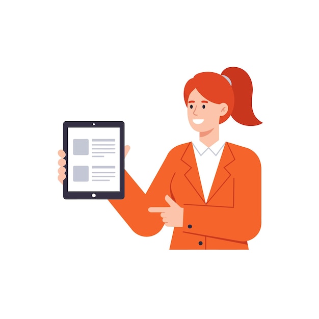 Zakenvrouw met rood haar in oranje blazer presenteert tablet scherm in een minimale platte ontwerp vector illustratie