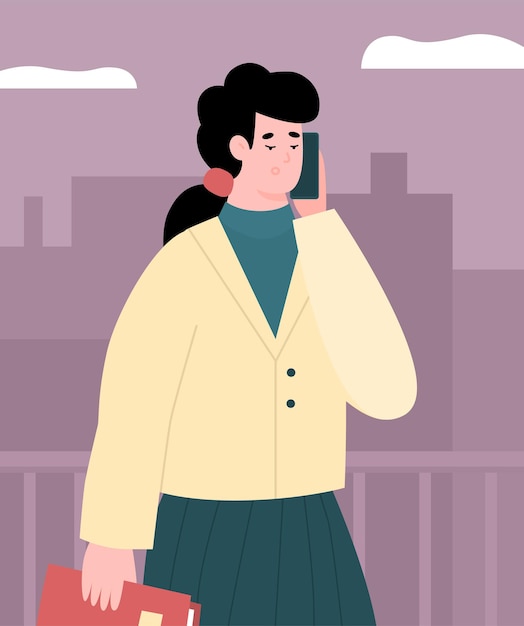 Vector zakenvrouw pratende smartphone op straat cartoon vectorillustratie