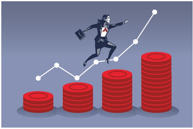 Zakenvrouw springen over stapel munten. zakelijke illustratie concept van financiële ontwikkeling