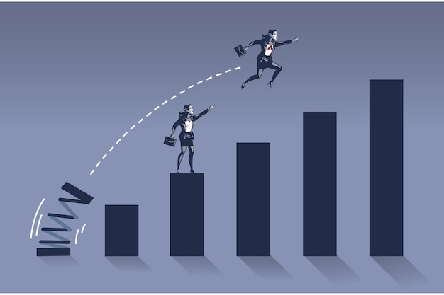 Zakenvrouw springt hoog overlappend haar collega op staafdiagram illustratie concept