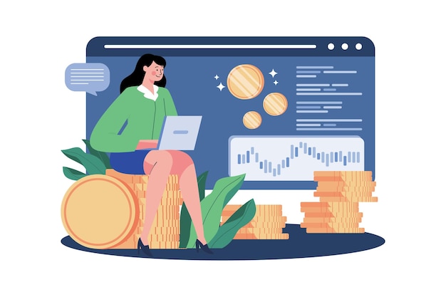 Zakenvrouwen investeren in Bitcoin Illustratie concept Een vlakke afbeelding geïsoleerd op een witte achtergrond