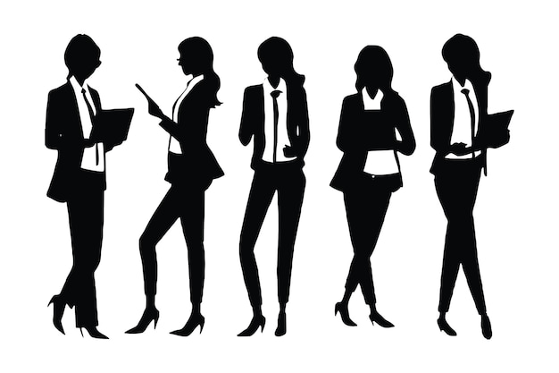 Zakenvrouwen met anonieme gezichten op een witte achtergrond Modern meisje model dragen kantoor jurken silhouet collectie