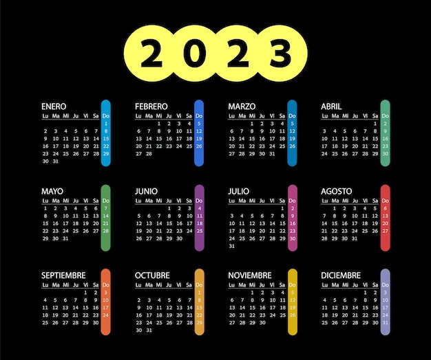 Zakkalender op 2023 jaar Spaans op zwarte achtergrond