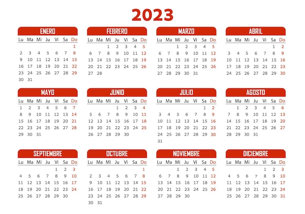 Zakkalender op 2023 jaar Spaans Rood horizontaal