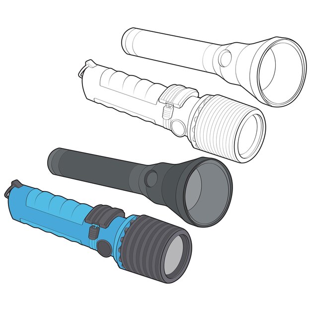 Zaklamp van licht vector platte set pictogram Zaklamp verlichting met schijnwerper of flitser Illustratie set van knipperlicht lantaarn geïsoleerd op zwarte achtergrond Vector illustratie EPS 10