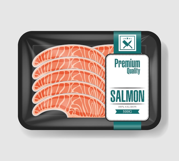 Zalm in plastic bakje met cellofaan deksel. plastic voedselcontainer. illustratie.