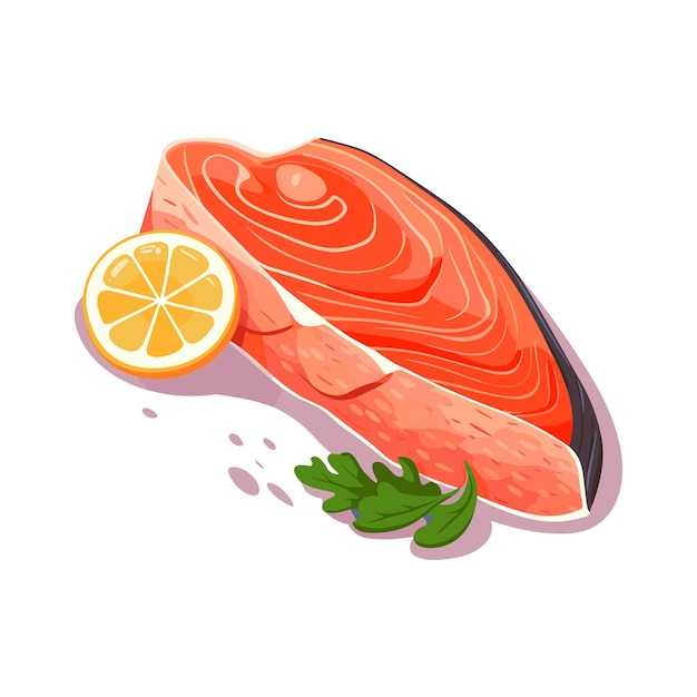 Zalm steak smakelijk verse rode vis stuk serveren met citroen en kruiden platte vectorillustratie generatieve ai smakelijke natuurlijke omega voeding gekookt restaurant menu geïsoleerd transparante achtergrond