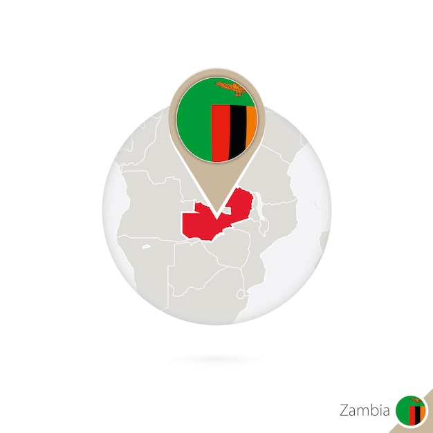 Zambia map and flag in circle. Map of Zambia, Zambia flag pin. Map of Zambia in the style of the globe. Vector Illustration.